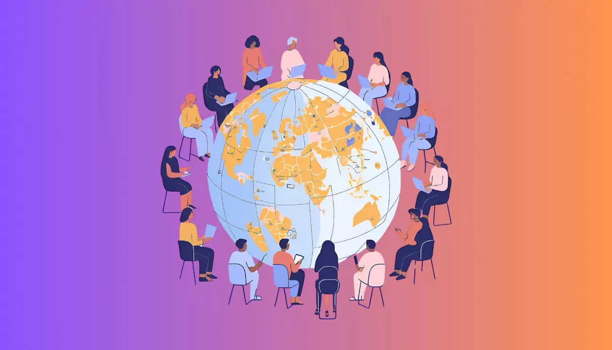 Colorful graphic of several people on digital devices gathered around a globe