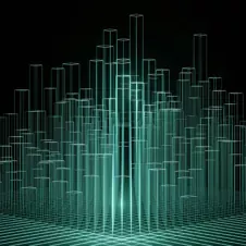A futuristic digital cityscape made of glowing green data bars, symbolizing data visualization, technology, and digital infrastructure.