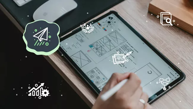 A hand drawing a wireframe on a tablet. High Monkey’s service icons are overlaying the image, the strategy icon is highlighted.